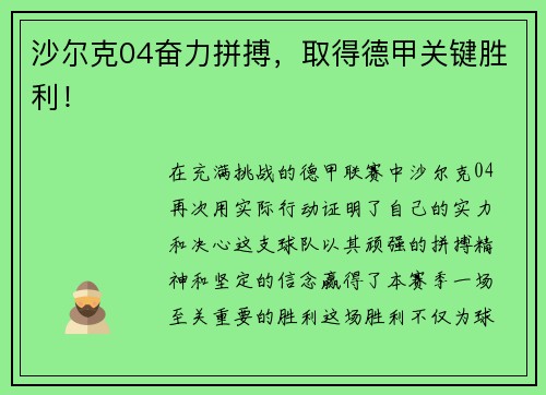沙尔克04奋力拼搏，取得德甲关键胜利！