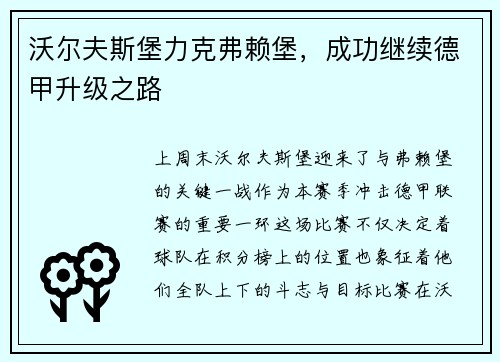 沃尔夫斯堡力克弗赖堡，成功继续德甲升级之路