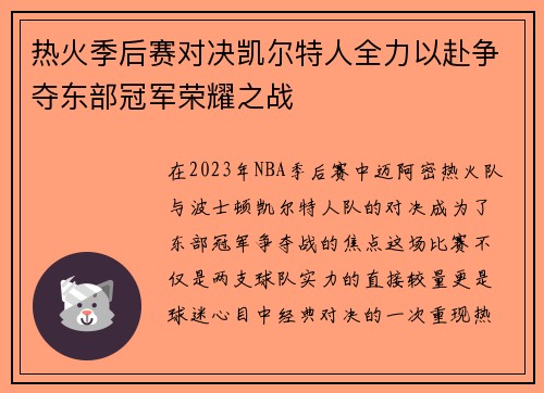 热火季后赛对决凯尔特人全力以赴争夺东部冠军荣耀之战