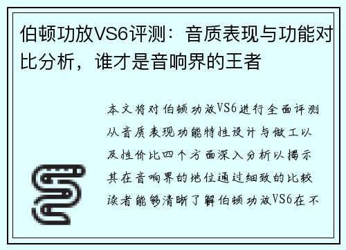 伯顿功放VS6评测：音质表现与功能对比分析，谁才是音响界的王者
