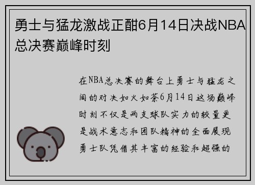 勇士与猛龙激战正酣6月14日决战NBA总决赛巅峰时刻