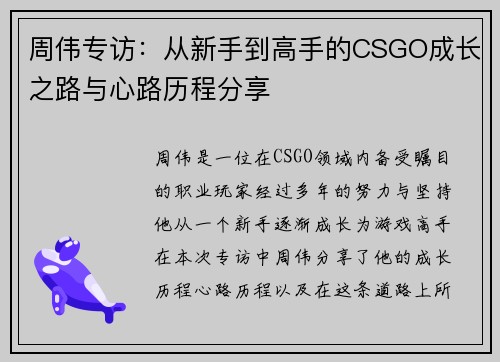 周伟专访：从新手到高手的CSGO成长之路与心路历程分享