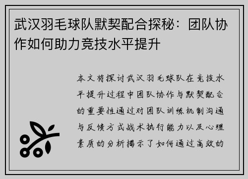 武汉羽毛球队默契配合探秘：团队协作如何助力竞技水平提升