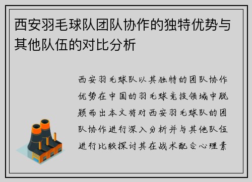 西安羽毛球队团队协作的独特优势与其他队伍的对比分析